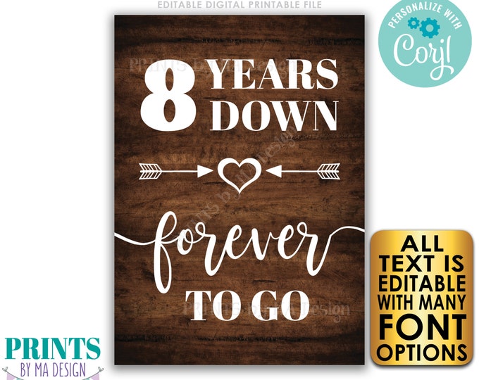 Editable Anniversary Card, Years Down Forever to Go, Custom Wedding Anniversary Gift, PRINTABLE 5x7" Wood style Sign <Edit Yourself w/Corjl>