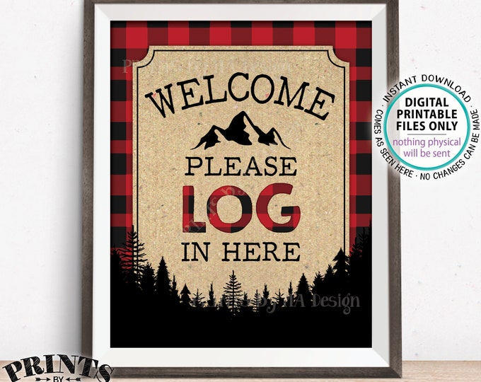 Lumberjack Sign In Sign, Please LOG In Here Sign, Please Sign Guestbook Sign, Red & Black Checker Buffalo Plaid, PRINTABLE 8x10" Sign <ID>