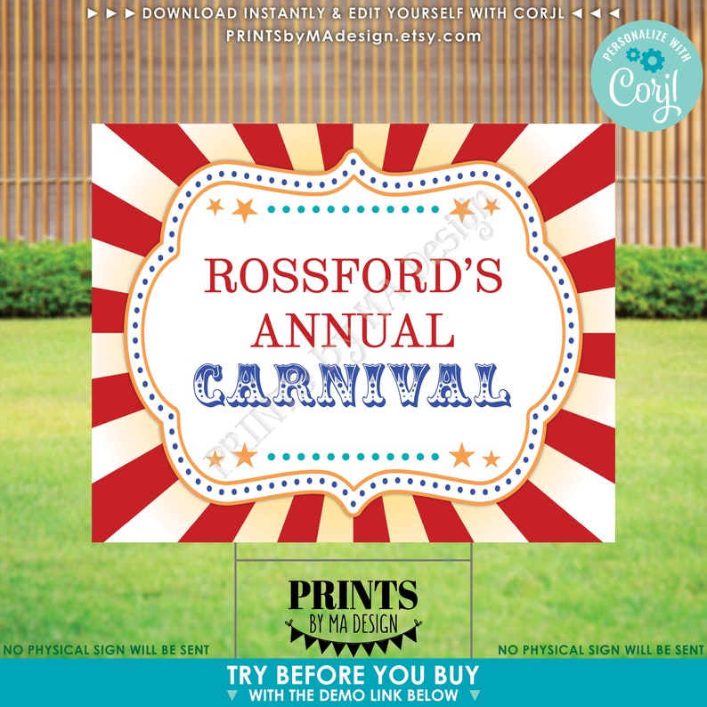 May include: A red, white, and blue printable sign with a carnival theme. The sign says "Rossford's Annual Carnival" in a vintage font. The sign is perfect for a carnival or fair.