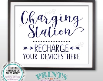 Charging Station Sign, Recharge Your Devices Here, Wedding Charge Bar, Recharge Here, Charge Low Battery, Navy, PRINTABLE 8x10” Sign <ID>