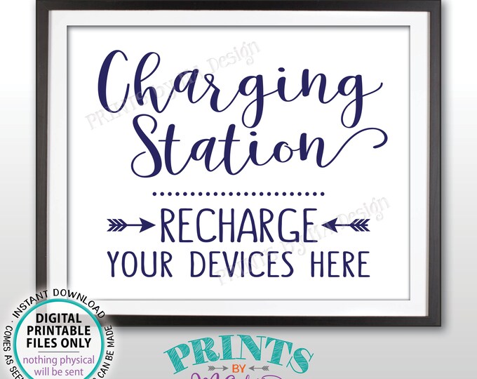 Charging Station Sign, Recharge Your Devices Here, Wedding Charge Bar, Recharge Here, Charge Low Battery, Navy, PRINTABLE 8x10” Sign <ID>