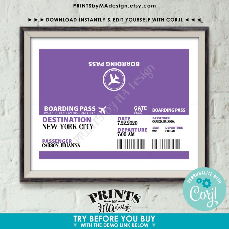 May include: A printable boarding pass template for a trip to New York City. The template is designed to look like a real boarding pass with a purple background and a plane icon. The text on the template includes the destination, date, departure time, passenger name, gate, and seat number. The template is customizable and can be edited using Corjl.