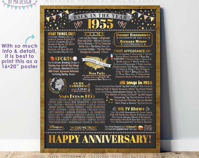Back in the Year 1955 Anniversary Sign, Flashback to 1955 Anniversary Decor, Anniversary Gift, PRINTABLE 16x20” Poster Board <ID>