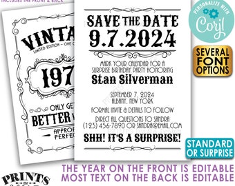 Vintage Birthday Party Save the Date, Better with Age Bday Invite, Whiskey Liquor, Two PRINTABLE 5x7” Files <Edit Yourself with Corjl>