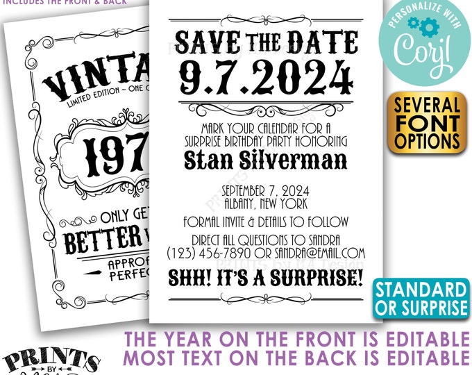 Vintage Birthday Party Save the Date, Better with Age Bday Invite, Whiskey Liquor, Two PRINTABLE 5x7” Files <Edit Yourself with Corjl>