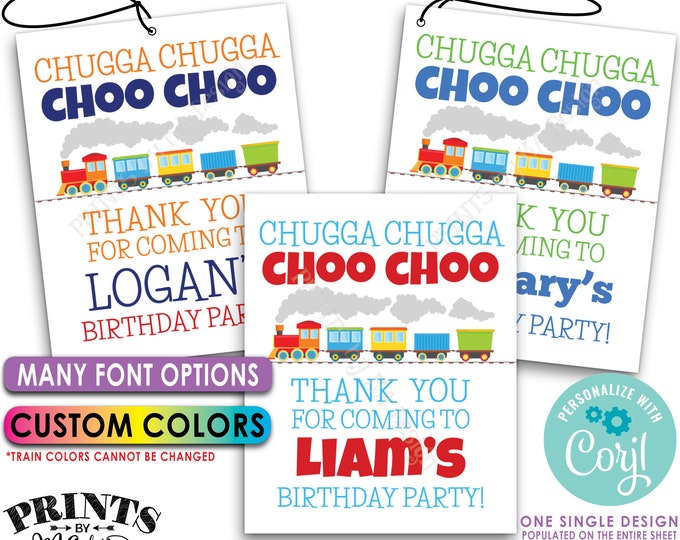 Train Birthday Tags, Chugga Chugga Choo Choo Thank You Party Favors, PRINTABLE 8.5x11" Sheet of 4x5" Cards <Edit Yourself with Corjl>