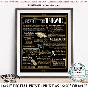 Back in the Year 1920 Poster Board, Remember 1920 Sign, Flashback to 1920 USA History from 1920, PRINTABLE 16x20” Art Deco Sign &lt;ID&gt;