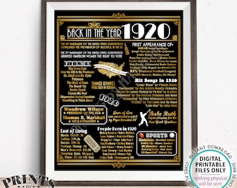 Back in the Year 1920 Poster Board, Remember 1920 Sign, Flashback to 1920 USA History from 1920, PRINTABLE 16x20” Art Deco Sign <ID>