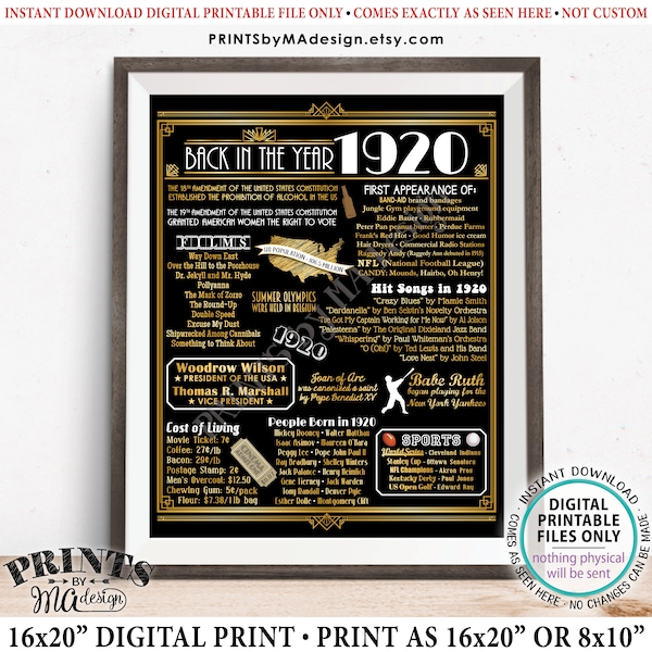 Back in the Year 1920 Poster Board, Remember 1920 Sign, Flashback to 1920 USA History from 1920, PRINTABLE 16x20” Art Deco Sign <ID>