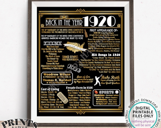 Back in the Year 1920 Poster Board, Remember 1920 Sign, Flashback to 1920 USA History from 1920, PRINTABLE 16x20” Art Deco Sign <ID>