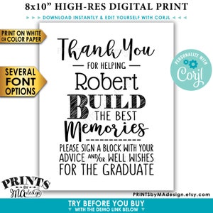 Signez une décoration de fête de remise des diplômes en bloc, merci d'avoir aidé à créer les meilleurs souvenirs, signe IMPRIMABLE 8 x 10" <Modifiez-vous avec Corjl>
