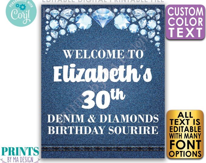 Denim and Diamonds Birthday Party Welcome Sign, Editable Bday Decor, PRINTABLE 8x10/16x20” Sign, Blue Jeans Seam <Edit Yourself w/Corjl>