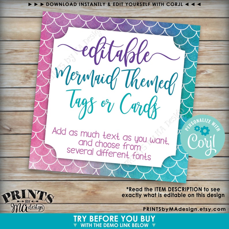 Editable Mermaid Party Tags/Cards, Party Favors, Custom Watercolor Style 2 Squares, PRINTABLE 8.5x11 Digital File Edit Yourself w/Corjl image 4