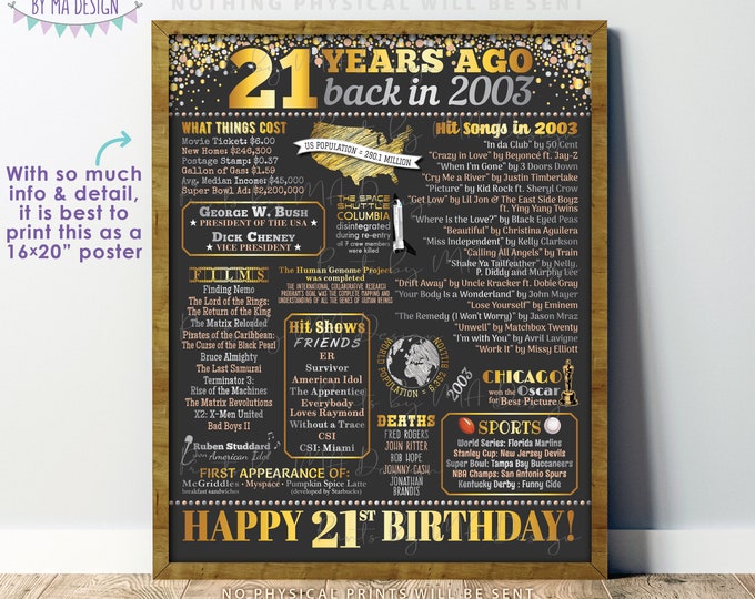 21st Birthday Poster Board, Back in the Year 2003  Flashback 21 Years Ago B-day Gift, PRINTABLE 16x20 ” Born in 2003  Sign <ID>