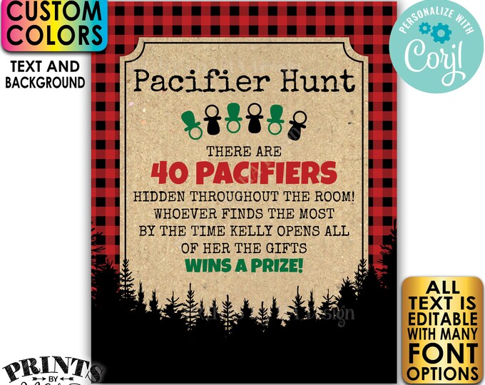 Lumberjack Baby Shower Pacifier Hunt Game Sign, Pacifier Scavenger Hunt, Custom PRINTABLE 8x10/16x20" Sign <Edit Yourself w/Corjl>