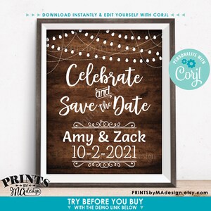 May include: A rustic wood background with white string lights and the text "Celebrate and Save the Date" in white. Below the text is the couple's names "Amy & Zack" and the date "10-2-2021".