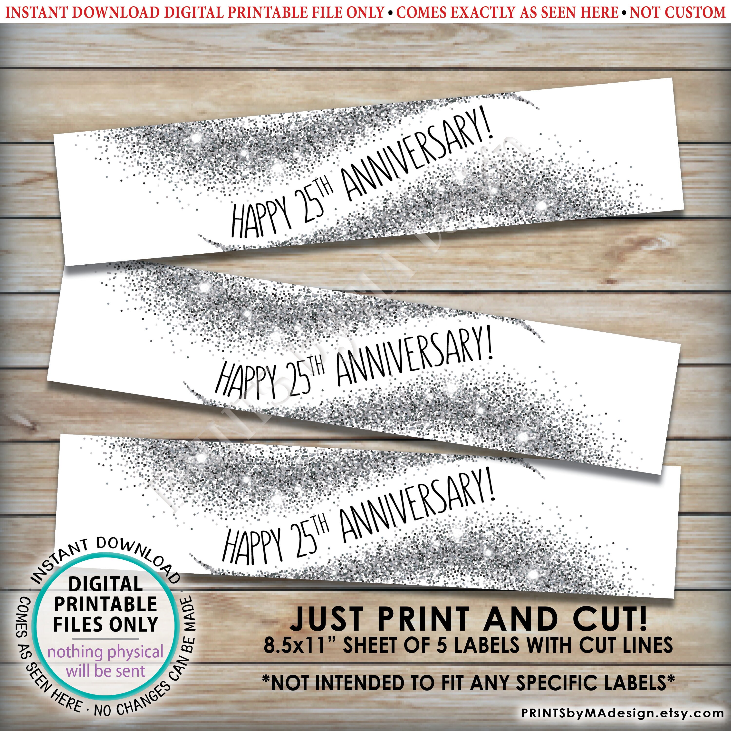 25th Anniversary Water Bottle Labels Silver Glitter Anniversary Party 
