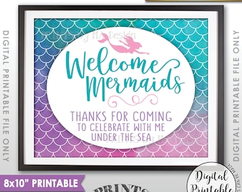 Mermaid Party Sign, Mermaid Birthday Party, Birthday Welcome Mermaids Sign, Mermaid Tail, 8x10” Watercolor Style Printable Instant Download