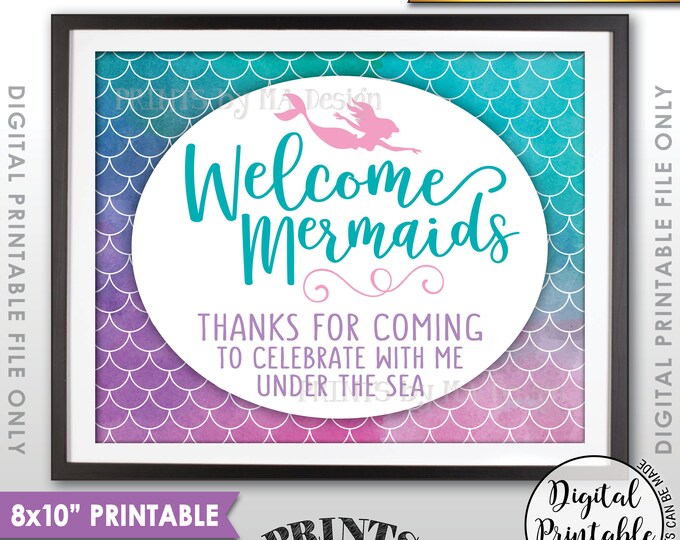 Mermaid Party Sign, Mermaid Birthday Party, Birthday Welcome Mermaids Sign, Mermaid Tail, 8x10” Watercolor Style Printable Instant Download