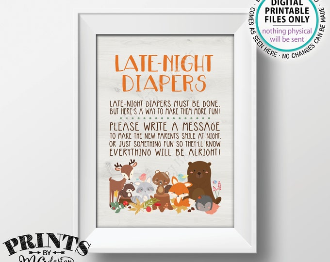 Woodland Baby Shower Late Night Diapers Sign, Forest Friends Baby Shower Activity Game, PRINTABLE 5x7” Woodland AnimalsBaby Shower Sign <ID>