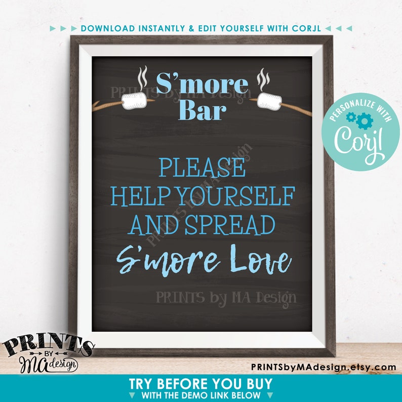 May include: A printable sign for a s'mores bar with a chalkboard background. The sign says "S'more Bar" in white text with a blue outline. It also says "Please help yourself and spread s'more love" in blue text. The sign is framed in a white frame.