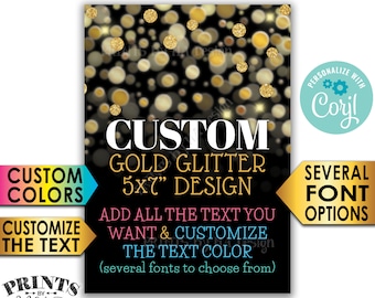 Custom Black & Gold Sign, Gold Glitter Bokeh, Choose Your Text PRINTABLE 5x7” Portrait Sign or Card <Edit Yourself with Corjl>