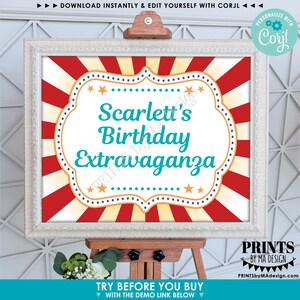 May include: A printable sign with a red, white, and yellow striped background. The sign has a white frame with a blue and white dotted border. The text on the sign reads "Scarlett's Birthday Extravaganza".