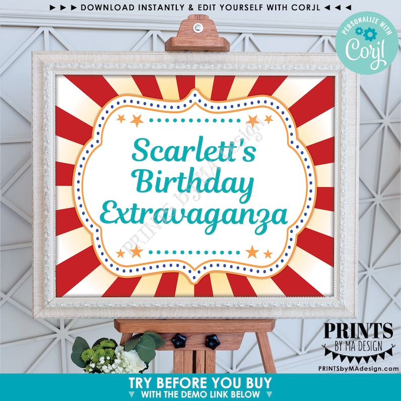 May include: A printable sign with a red, white, and yellow striped background. The sign has a white frame with a blue and white dotted border. The text on the sign reads "Scarlett's Birthday Extravaganza".