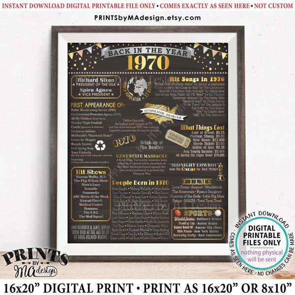 Back in 1970 Poster, Flashback to 1970 USA History, Remember 1970 Birthday Anniversary Reunion, PRINTABLE 16x20” Sign <ID>