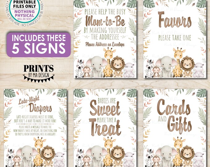 Baby Shower Signs Bundle Pack, Jungle Safari Animals, Cards & Gifts, Favors, Sweet Treat, Late Night Diapers, 5 PRINTABLE 8x10” Signs <ID>