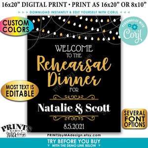 Peut inclure: Affiche imprimable noire et dorée avec des guirlandes lumineuses, le texte "Bienvenue au dîner de répétition pour Natalie & Scott 8.5.2021" et le texte "La plupart du texte est modifiable" et "Plusieurs options de police".
