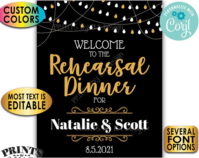 Rehearsal Dinner Sign, Custom Text and Colors, Lights at the Top, PRINTABLE 16x20” Rehearsal Decoration <Edit Yourself with Corjl>