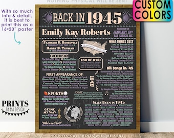 Back in 1945 Birthday Poster Board, Flashback to 1945 Birthday Decoration, B-day Gift, Custom PRINTABLE 16x20” 1945 Birthday Sign