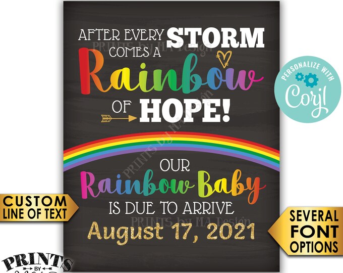 Rainbow Baby Pregnancy Announcement Sign, Hope after Storm, Chalkboard Style PRINTABLE 16x20” Reveal After Loss <Edit Yourself with Corjl>