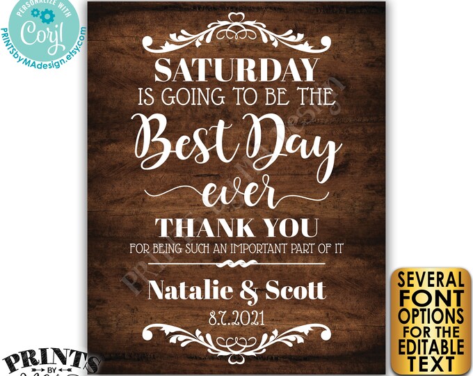 Editable Best Day Ever Rehearsal Dinner Sign, Custom Text, PRINTABLE 16x20” Rustic Wood Style Sign <Edit Yourself with Corjl>