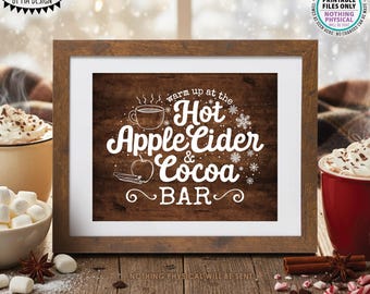 Warm Up at the Hot Apple Cider & Cocoa Bar Sign, Hot Beverages, Fall Autumn Halloween, Dark Rustic Wood Style PRINTABLE 8x10" Display <ID>