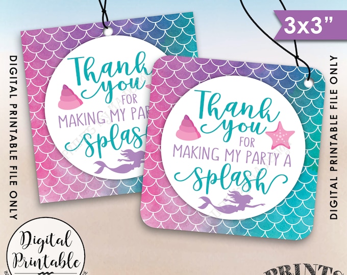 Mermaid Party Thank You Tags, Birthday Party, Under the Sea, Splash, Watercolor Style Thank You Tag, 3" tags on PRINTABLE 8.5x11" Sheet <ID>