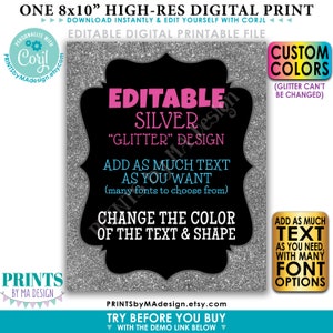 Diseño de purpurina plateada editable, texto personalizado, cualquier color de fondo, una tarjeta/cartel con retrato de 8x10" IMPRIMIBLE <Editar usted mismo con Corjl>