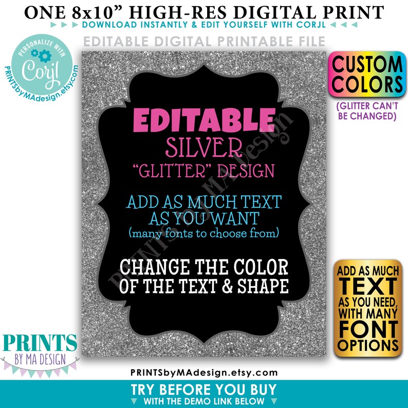 Editable Silver Glitter Design, Custom Text, Any Background Color, One PRINTABLE 8x10 Portrait Sign/Card Edit Yourself w/Corjl image 1