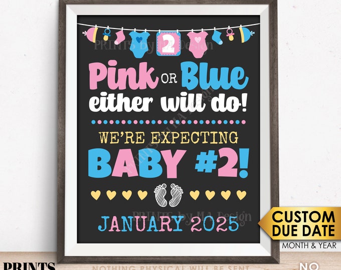 Baby Number 2 Pregnancy Announcement, Pink or Blue Baby Either Will Do, We're Pregnant with Second Child, PRINTABLE 8x10/16x20” Baby #2 Sign