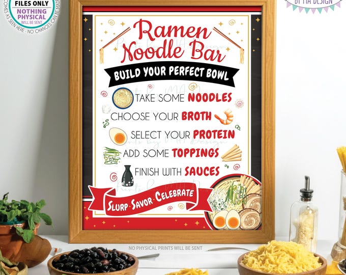 Ramen Noodle Bar Sign, Build Your Own Noodle Bowl Directions, Party Food Station Buffet Sign, Red PRINTABLE 8x10/16x20” Sign <ID>
