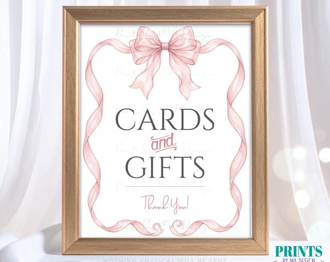 Cards & Gifts Sign, Cards and Gifts Display, Elegant Pink Organza Ribbon Coquette Bow, PRINTABLE 8x10/16x20” Sign <ID>