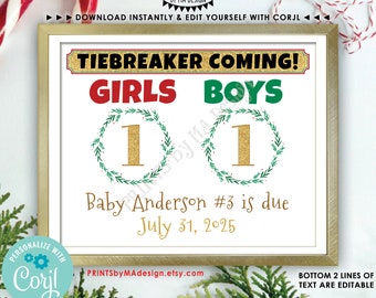 Christmas Tiebreaker Pregnancy Announcement, Baby Number 3, Boys vs Girls, PRINTABLE 8x10/16x20” Baby #3 Xmas Sign <Edit Yourself w/Corjl>