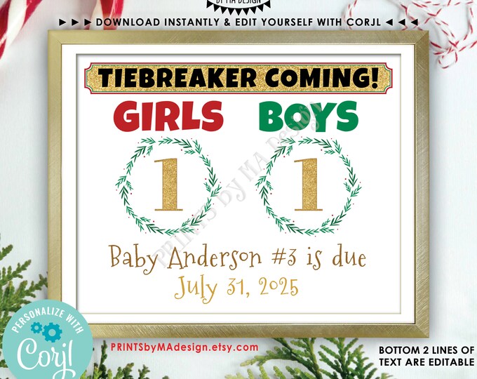 Christmas Tiebreaker Pregnancy Announcement, Baby Number 3, Boys vs Girls, PRINTABLE 8x10/16x20” Baby #3 Xmas Sign <Edit Yourself w/Corjl>