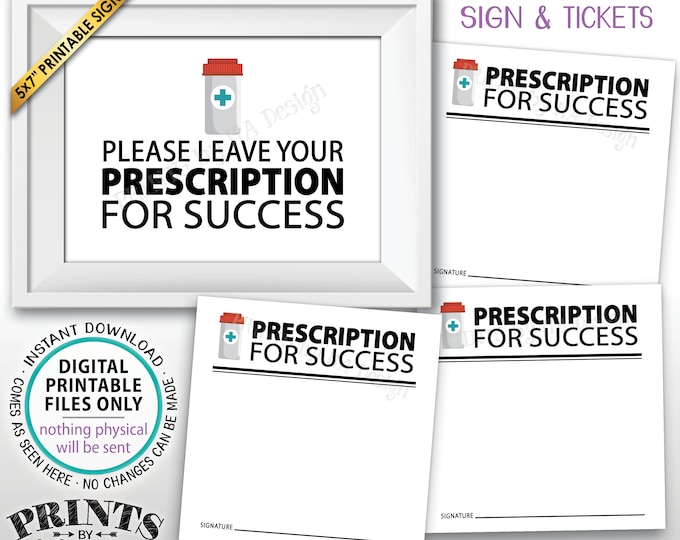 Please Leave Your Prescription for Success, Med School Advice, Nurse Graduation, Pharmacy School, PRINTABLE 5x7" Sign & 3" Advice Cards <ID>