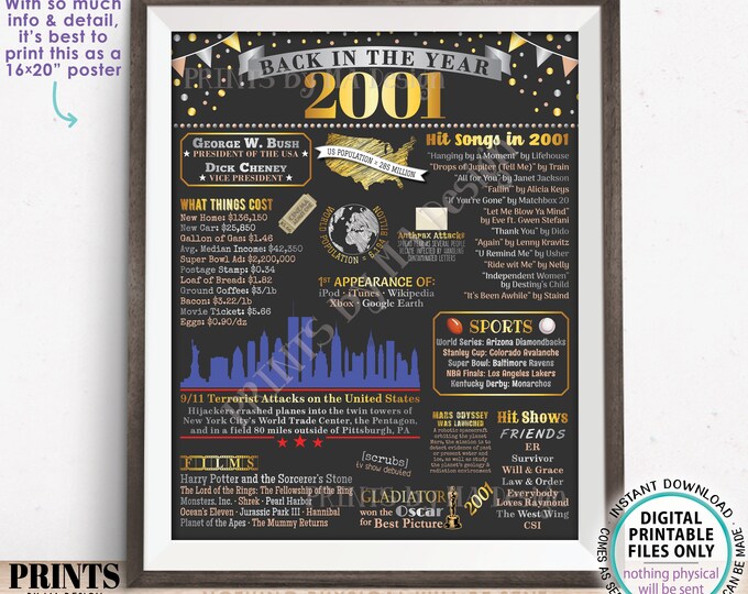 Back in the Year 2001 Poster Board, Remember 2001 Sign, Flashback to 2001 USA History from 2001, PRINTABLE 16x20” Sign <ID>