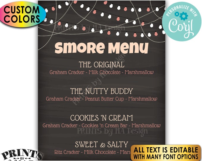 Custom S'more Sign, S'mores Menu, Smore Station, PRINTABLE 8x10/16x20” Chalkboard Style Sign, Colored Lights <Edit Yourself with Corjl>