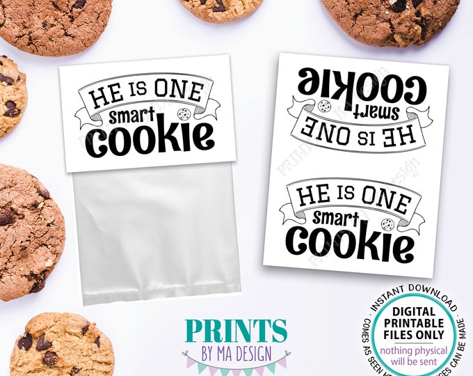 He is One Smart Cookie Goodie Bag Labels, Boy Graduation Party Favors, Four 4x5" Cards on one PRINTABLE 8.5x11” Sheet, Digital File <ID>