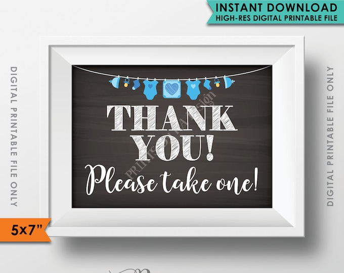 Thank You Sign, Thank You Please Take One Favors Sign, Baby Shower Sign, Blue Clothesline, Chalkboard Style PRINTABLE 5x7” Sign <ID>