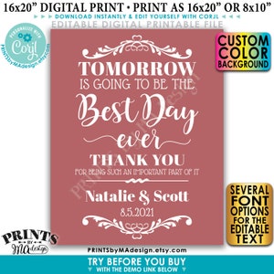 Editable Rehearsal Dinner Sign, Tomorrow is Going to Be the Best Day Ever, Color Background, PRINTABLE 16x20” Sign <Edit Yourself w/Corjl> image 1